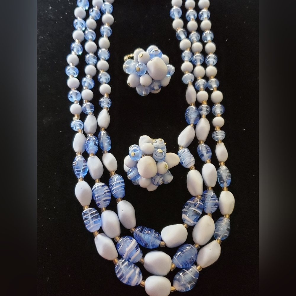 Vintage Denim Blue Swirl Art Glass Set 1950's 60's Japan Spring Summer - Picture 5 of 10